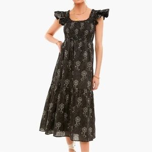 Tuckernuck Mallie Dress Midnight Posy Ruffle Floral Black Midi Ruched Medium